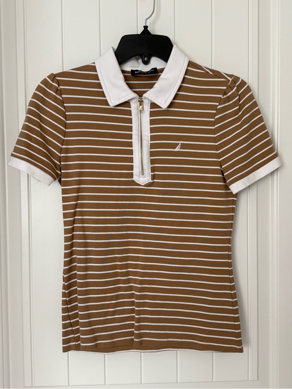 Nautica Brown and White Striped Polo with Zip Placket